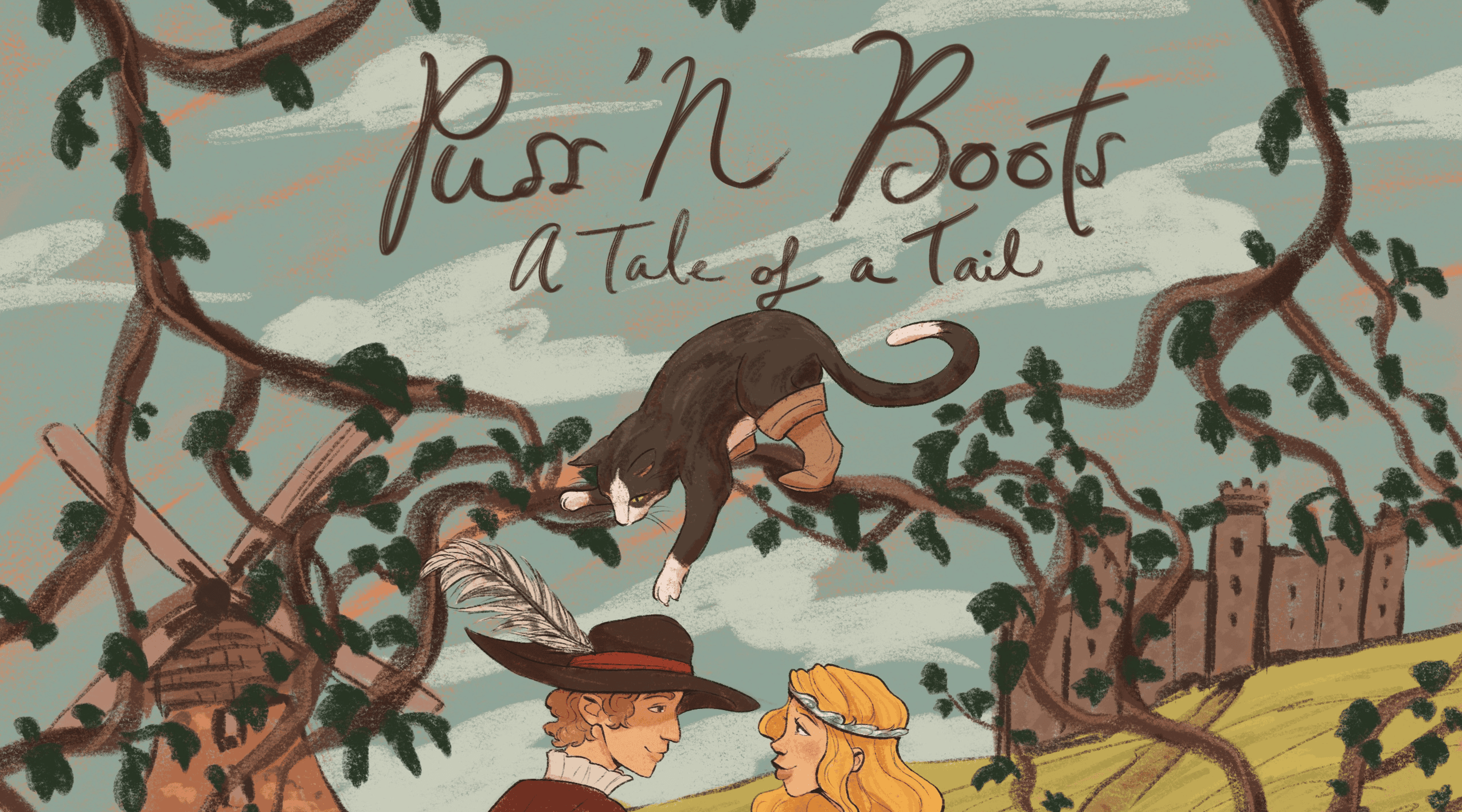 Drawing with forest, the cat and the characters