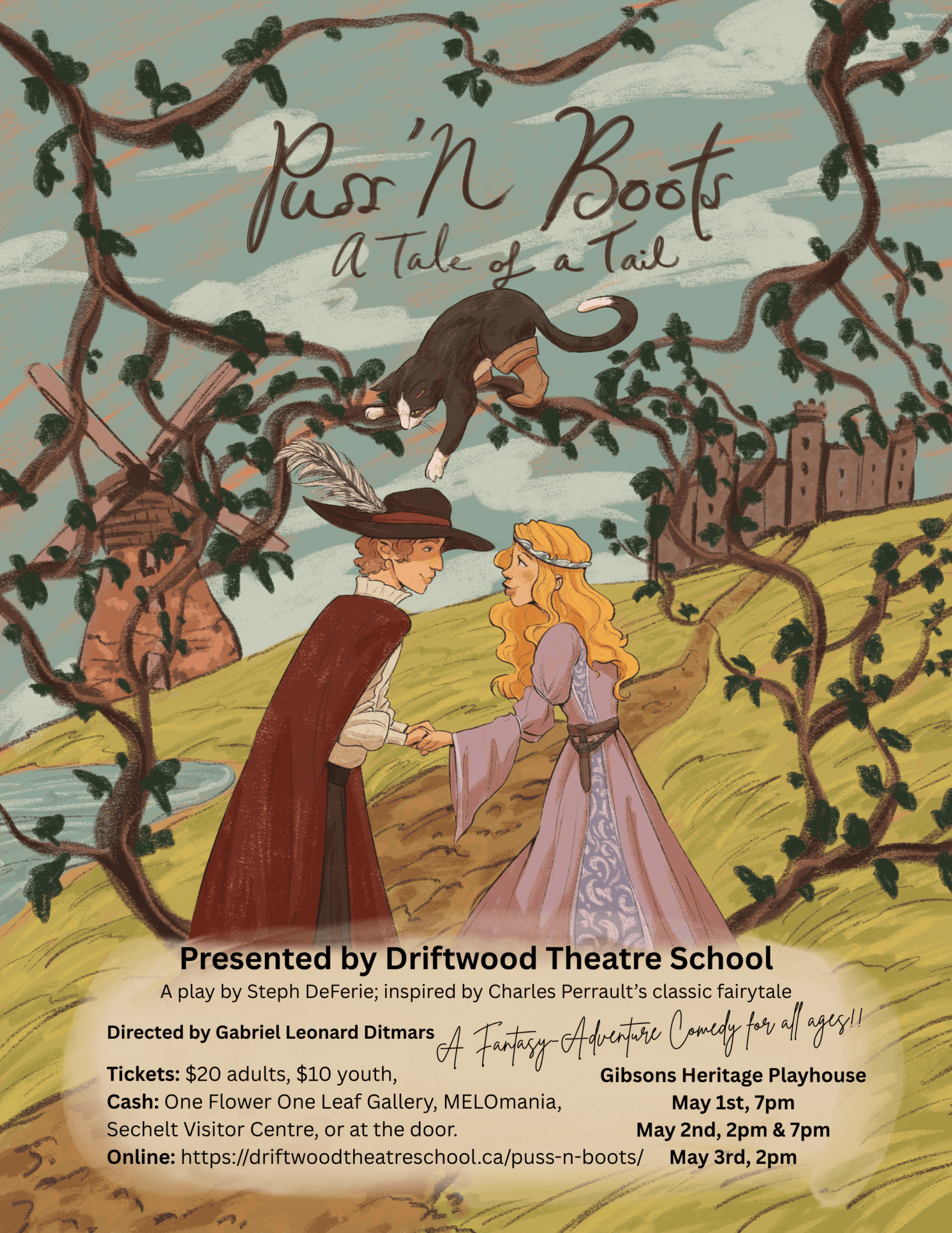 Handrawn images of a forest with main characters